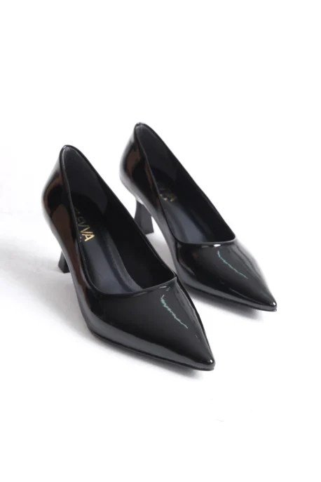 Siyah Rugan Kısa Topuklu Stiletto - Kadeh Topuk 6 cm | Şık ve Zarif