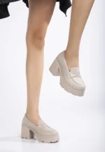 Bej Rengi Uzun Topuklu Loafer - 9 cm Kalın Topuklu Günlük Kadın Ayakkabı - Görsel 4