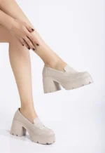 Bej Rengi Uzun Topuklu Loafer - 9 cm Kalın Topuklu Günlük Kadın Ayakkabı - Görsel 2