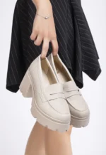 Bej Rengi Uzun Topuklu Loafer - 9 cm Kalın Topuklu Günlük Kadın Ayakkabı