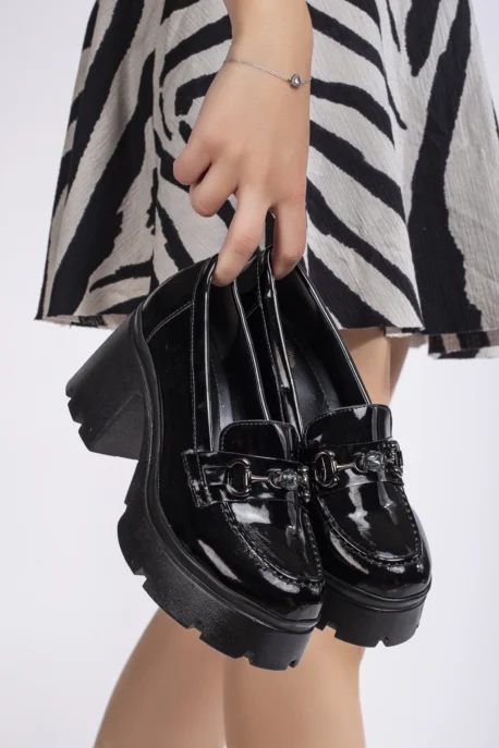 Siyah Rugan Uzun Topuklu Loafer - 9 cm Tokalı Günlük Kadın Ayakkabı Uzun Topuklu